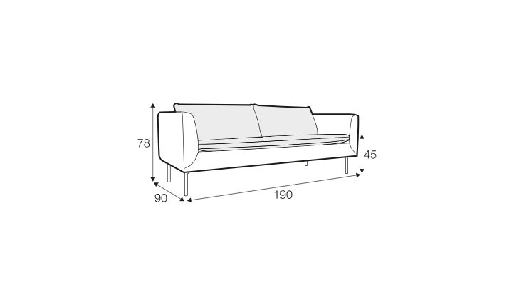 Dessin au trait d'un canapé dont les dimensions sont les suivantes 78 cm de hauteur, 90 cm de profondeur, 190 cm de largeur et 45 cm de hauteur d'assise. Canape Paris by Atelier Bis