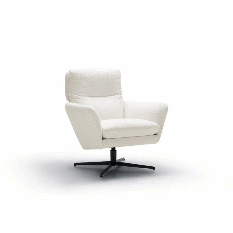 Fauteuil moderne blanc avec assise et dossier rembourrés, sur une base pivotante en métal noir, sur fond blanc. Canape Paris by Atelier Bis