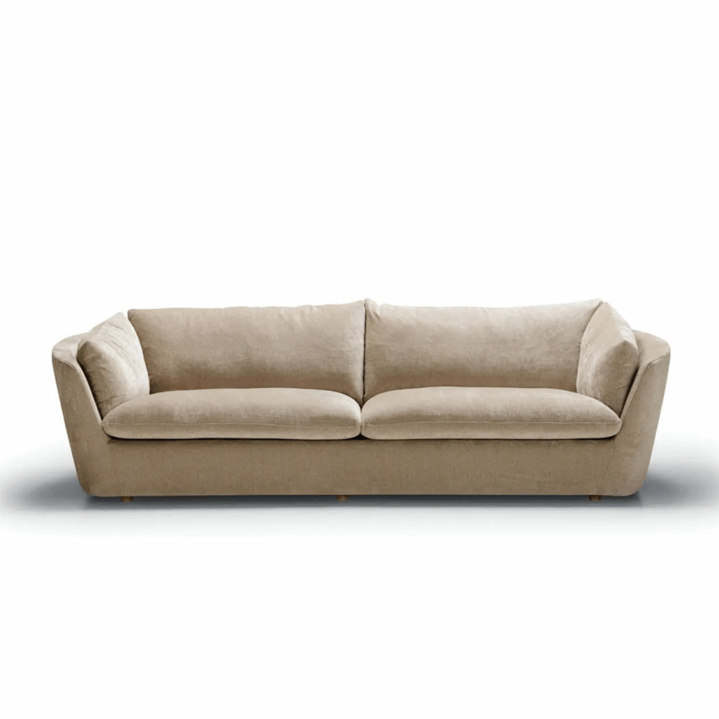 Un canapé deux places beige et moderne avec des coussins moelleux, présenté sur un fond blanc. Canape Paris by Atelier Bis