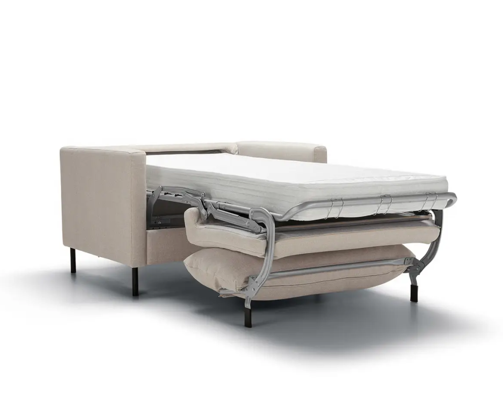 Canapé-lit beige avec le matelas déployé et le sommier partiellement déplié sur fond blanc. Canape Paris by Atelier Bis