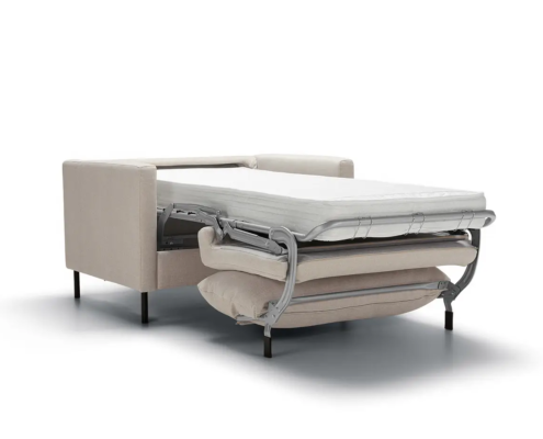 Canapé-lit beige avec le matelas déployé et le sommier partiellement déplié sur fond blanc. Canape Paris by Atelier Bis