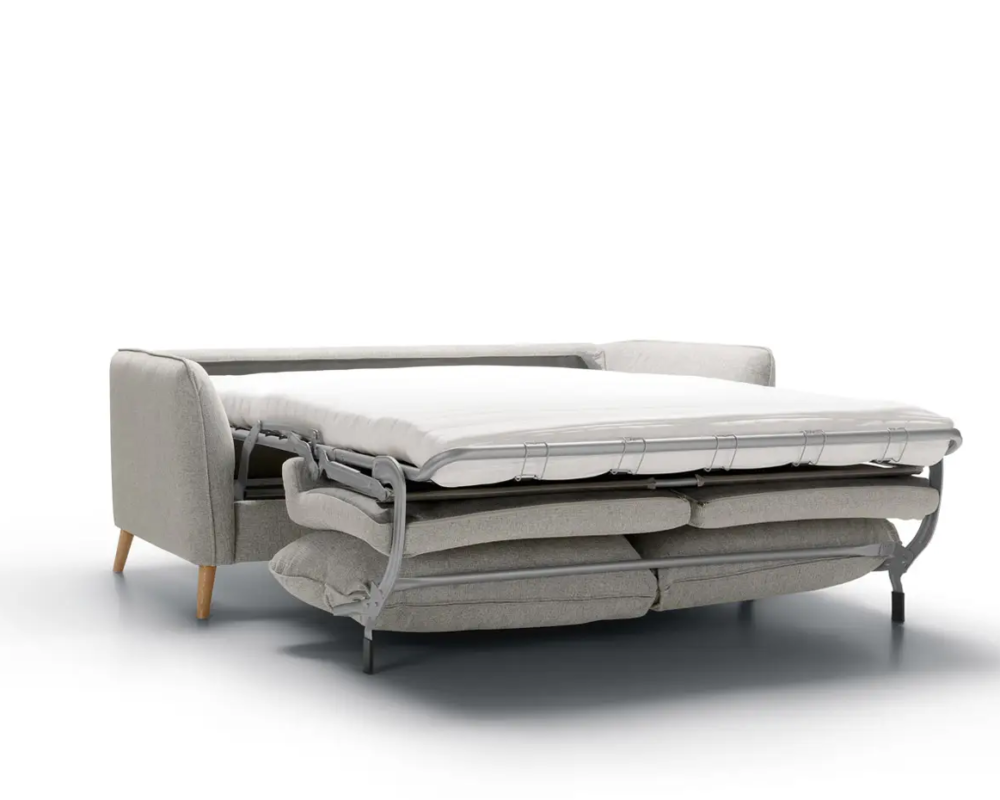 Canapé-lit gris clair avec matelas déplié, cadre métallique apparent, sur fond blanc. Canape Paris by Atelier Bis