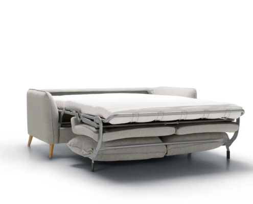 Canapé-lit gris clair avec matelas déplié, cadre métallique apparent, sur fond blanc. Canape Paris by Atelier Bis