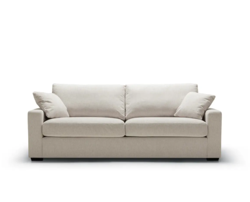 Canapé moderne beige à trois places avec deux coussins assortis, sur fond blanc. Canape Paris by Atelier Bis