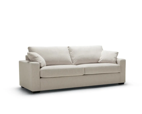 Canapé moderne trois places beige clair avec deux coussins assortis sur fond blanc. Canape Paris by Atelier Bis