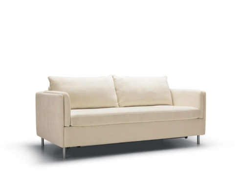 Canapé beige rembourré avec deux coussins d'assise et des pieds en métal, sur fond blanc. Canape Paris by Atelier Bis