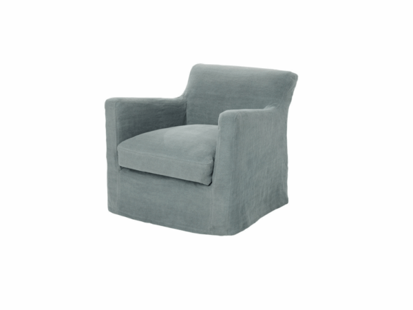 Fauteuil rembourré bleu clair avec une assise et un dossier matelassés, au design simple et moderne. Canape Paris by Atelier Bis