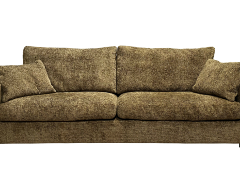 Canapé en tissu marron avec deux coussins d'assise, deux coussins de dossier et deux coussins assortis, isolés sur fond blanc. Canape Paris by Atelier Bis