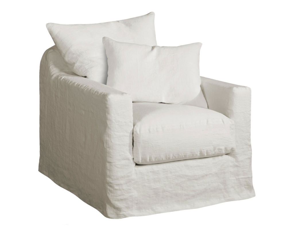 Fauteuil tapissé blanc avec deux coussins assortis, au design décontracté et déhoussable. Canape Paris by Atelier Bis