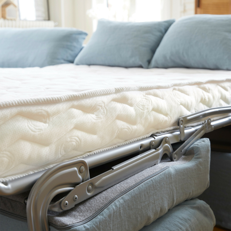 Gros plan sur un lit d'invité pliant avec des oreillers bleus et un matelas blanc dans une pièce lumineuse. Canape Paris by Atelier Bis