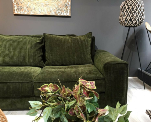 Canapé en velours côtelé vert avec une plante au premier plan et des objets décoratifs dans un salon moderne. Canape Paris by Atelier Bis