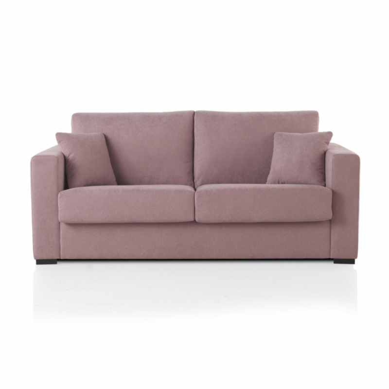 Canapé moderne mauve convertible VIGO avec deux coussins d'assise, deux coussins de dossier et deux coussins assortis, sur fond blanc. Canape Paris by Atelier Bis