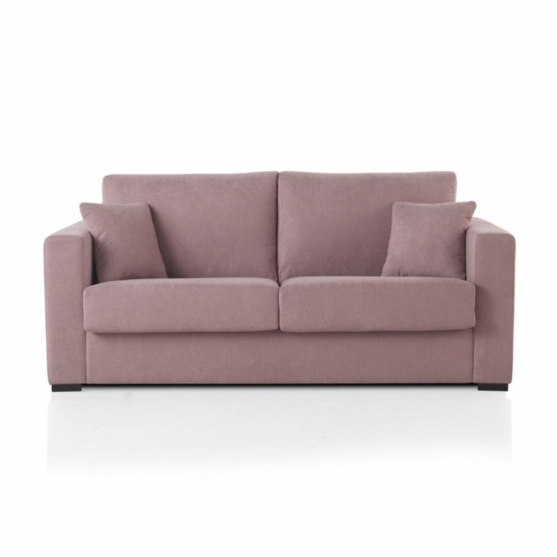 Canapé moderne mauve convertible VIGO avec deux coussins d'assise, deux coussins de dossier et deux coussins assortis, sur fond blanc. Canape Paris by Atelier Bis