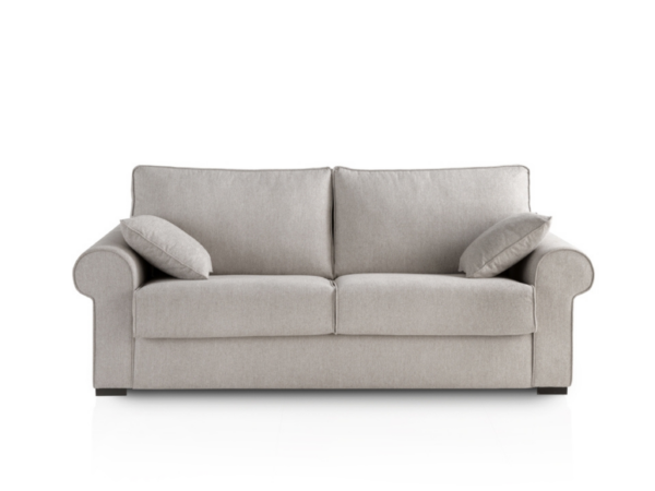 Canapé convertible VIGO en tissu gris clair avec deux coussins assortis, sur fond blanc, vue de face. Canape Paris by Atelier Bis