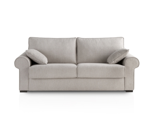 Sofa-cama-Clasic-01 Canapé convertible VIGO en tissu gris clair avec deux coussins d'assise et deux coussins assortis, sur fond blanc. Canape Paris by Atelier Bis