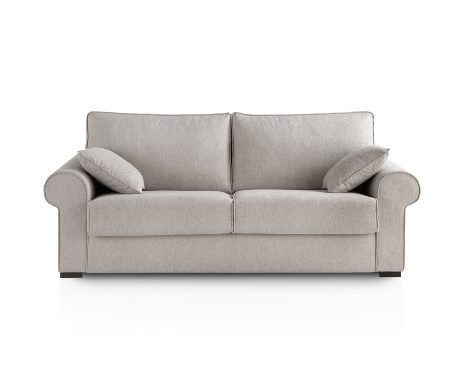 Sofa-cama-Clasic-01 Canapé convertible VIGO en tissu gris clair avec deux coussins d'assise et deux coussins assortis, sur fond blanc. Canape Paris by Atelier Bis