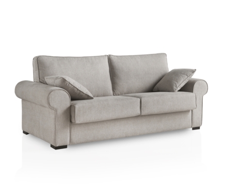 Sofa-cama-Clasic-02 Canapé convertible VIGO en tissu gris clair avec deux coussins d'assise, deux coussins de dossier et deux coussins d'accoudoir, sur fond blanc. Canape Paris by Atelier Bis