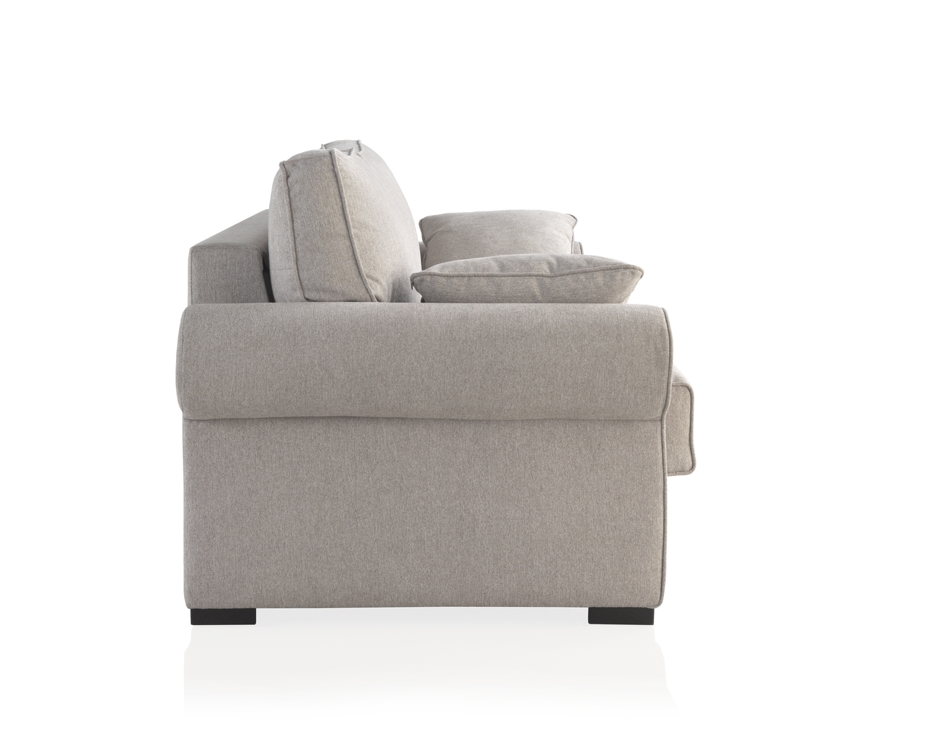 Vue latérale d'un canapé convertible VIGO en tissu gris clair avec deux coussins, isolé sur fond blanc. Canape Paris by Atelier Bis