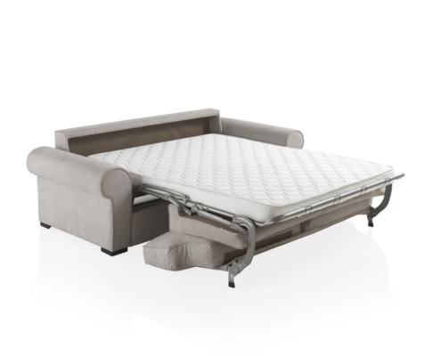 Sofa-cama-Clasic-04 Canapé convertible VIGO de couleur grise avec un cadre métallique extractible et un matelas déployé, présenté sur un fond blanc. Canape Paris by Atelier Bis
