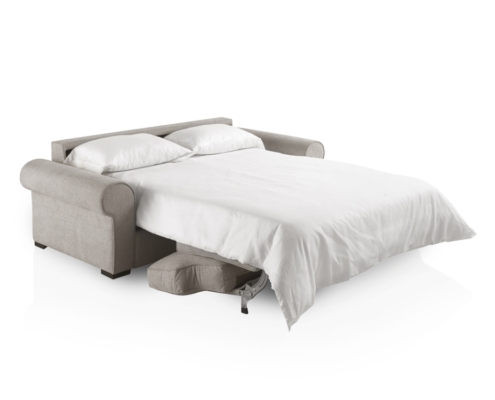 Sofa-cama-Clasic-05 Canapé convertible gris clair VIGO avec accoudoirs roulés, déplié pour révéler un matelas et une literie blancs. Canape Paris by Atelier Bis