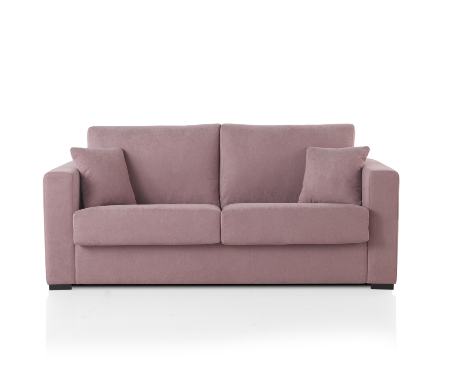 Canapé deux places Homesprit Bidart mauve convertible avec deux coussins assortis, sur fond blanc. Canape Paris by Atelier Bis