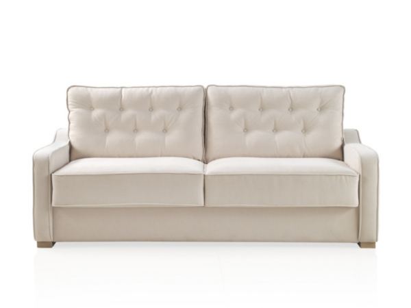 Canapé convertible PAMPELUNE beige clair, moderne et touffeté, avec dossiers et accoudoirs rembourrés, sur fond blanc. Canape Paris by Atelier Bis