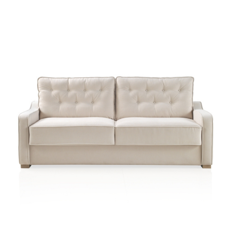 Canapé convertible PAMPELUNE beige clair, moderne et touffeté, avec dossiers et accoudoirs rembourrés, sur fond blanc. Canape Paris by Atelier Bis