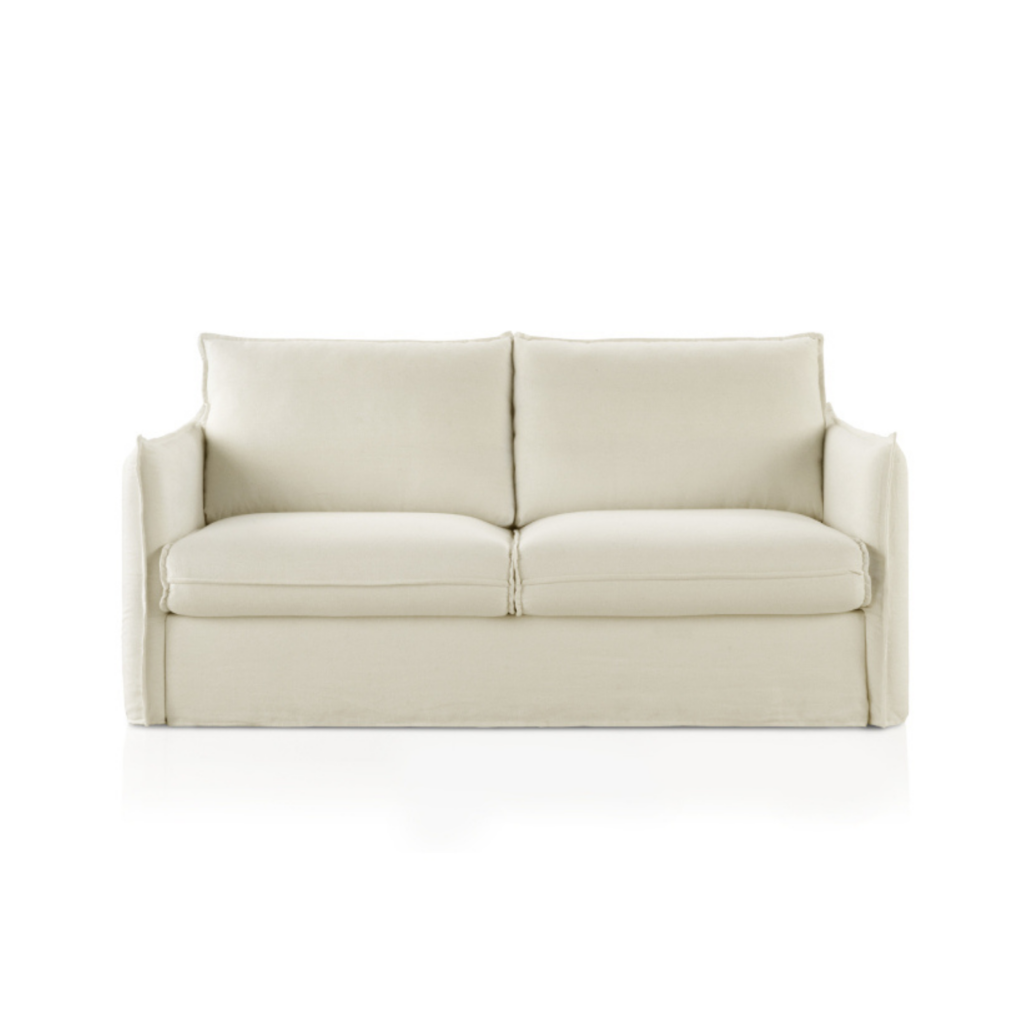 Canapé convertible GRENADE beige à deux coussins, aux accoudoirs simples et droits et à la jupe ajustée, sur fond blanc. Canape Paris by Atelier Bis