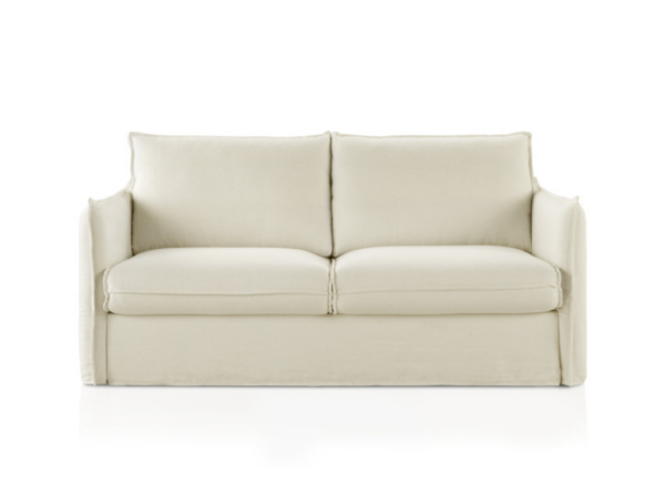 Canapé convertible GRENADE beige à deux coussins, aux accoudoirs simples et droits et à la jupe ajustée, sur fond blanc. Canape Paris by Atelier Bis