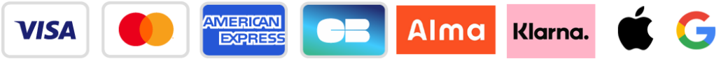 Icônes de paiement pour Visa, Mastercard, American Express, CB, Alma, Klarna, Apple et Google. Canape Paris by Atelier Bis