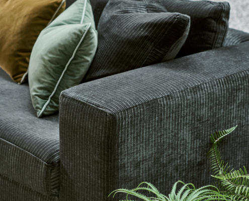 vang3 Canapé en velours côtelé gris foncé avec coussins verts et bruns, à côté d'une plante en pot sur un tapis blanc. Canape Paris by Atelier Bis